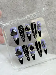 LOOPS Medium Length Almond Handmade Press on Nails Black and Purple False Nails with Heart Shaped Diamond and Rhinestone Design Y2K Stylish Acrylic Glossy False Nails for Women and Girls Manicure 10 Pcs
