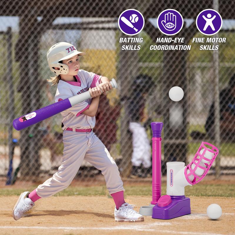 Tball Set for Toddlers 3-5, Tee Ball Set with Step on Pitching Machine/Adjustable Batting Tee/Retractable Baseball Bat/8 Pop Up Balls, Outdoor Sport Toy Games for Kids Girls