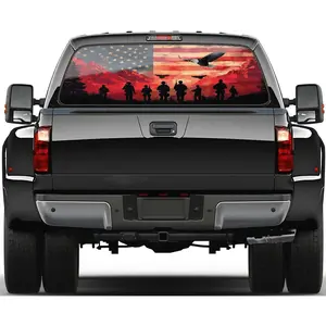 American Flag Eagle Truck Rear Window Decal, Soldier Camouflage Patriotic Decor Military Man Print Perforated Vinyl Sticker, Truck Window Decal 66x20 Fit Most Pickup Truck SUV Car