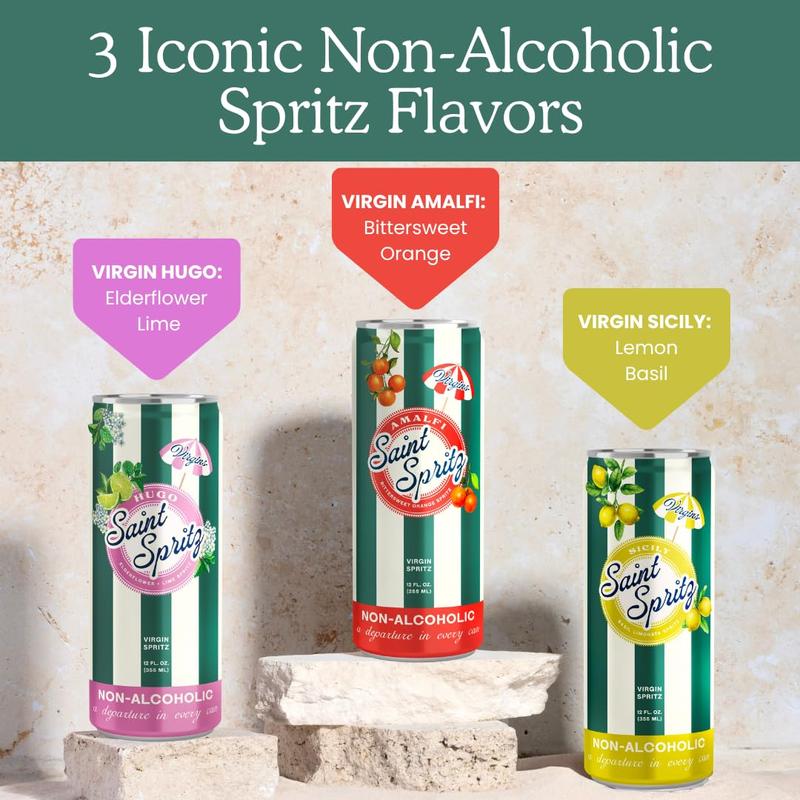 Saint Spritz Virgins (12-Pack) | Italian Non Alcoholic Spritz Cans | Amalfi, Sicily & Hugo Flavors | Sparkling Mocktail Aperitif Sampler | Premium Non Alcoholic Drinks & Spirits