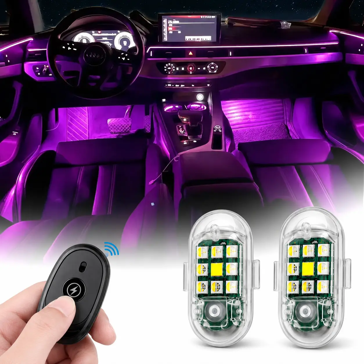 2pcs/4pcs/6pcs/8pcs Wireless LED Strobe Lights for Cars - Rechargeable Anti-Collision Warning Lights, Cool Car Stuff for Auto Interior Upgrade with Batteries rgb