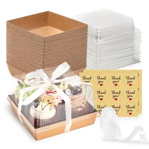 20 Pack Large Plastic Cake Boxes with Clear Lids, 7 x 7 x 4 In Brown Disposable Paper Charcuterie Bakery Dessert Box, Square To Go Food Containers for 4-6 In Cakes Cupcake Pie Fruit Tart Snack cooky