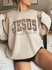 Edgy Religious Casual Vintage Pullover - Faith-Inspired "Jesus Leopard Print" Graphic Long Sleeve Sweatshirt Women
