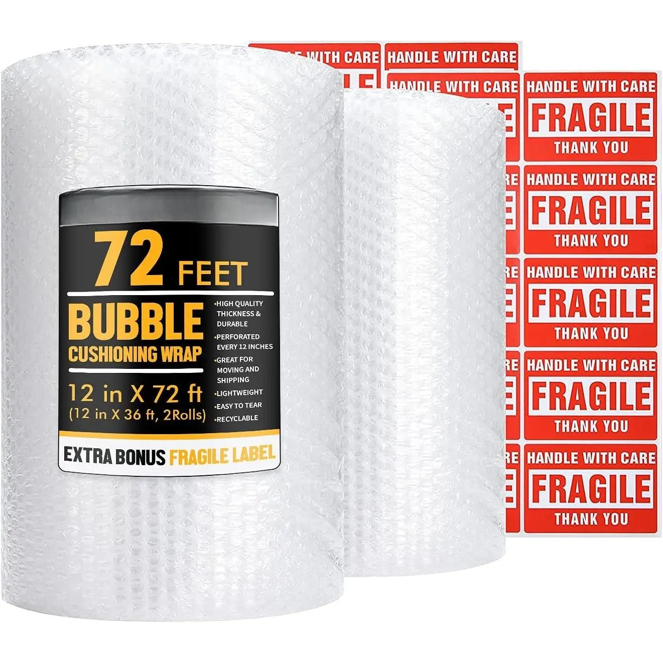 Bubble Cushioning Wrap Roll,  12 Inch x 72  Total [2 Rolls of 36 ] Bubble Roll Perforated 12 Inch Included 20 Fragile Sticker Label