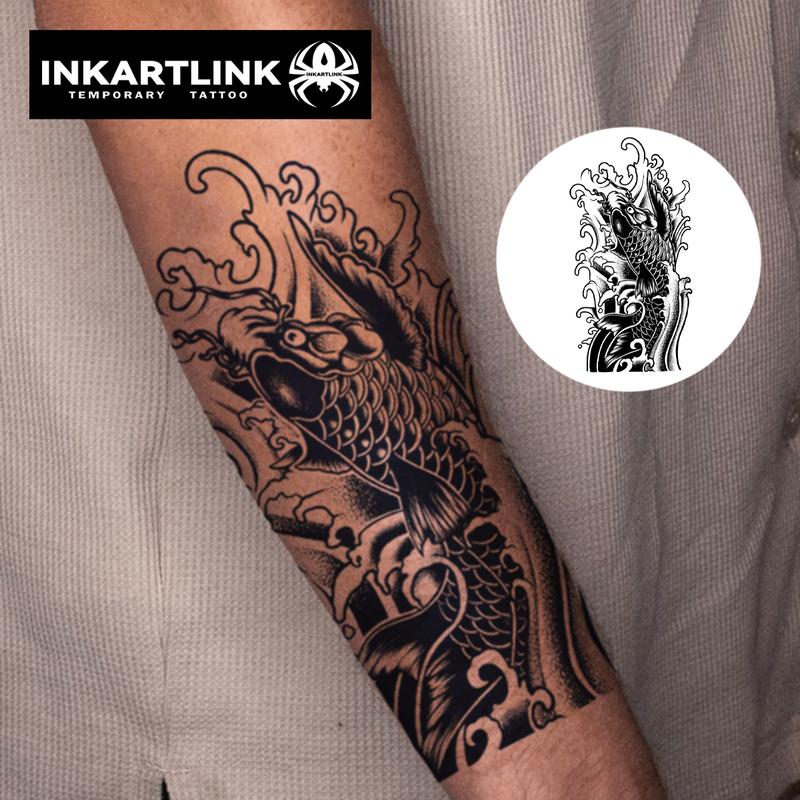 INKARTLINK Tattoo Tech,2 Sheets Extra-Large Semi Permanent Tattoo,Adult Art Design Temporary Tattoos, Lasts 1-2 Weeks, Waterproof, Realistic look, No Adhesive, No reflection (Koi Fish Design) Henna Sticker Sensitive