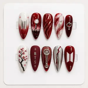 Kpop Inspired Press On Nails, Red and White Kpop Nail Set, Concert Nails, 7 Spirit Arirang Press On Nails YCE8T7