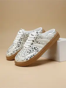 Soft-Girl Edgy Vibe! Women's White & Silver Leopard Print Mule Sneakers, Slip-On Soft-Sole Casual Shoes, Perfect for Commuting & Walking