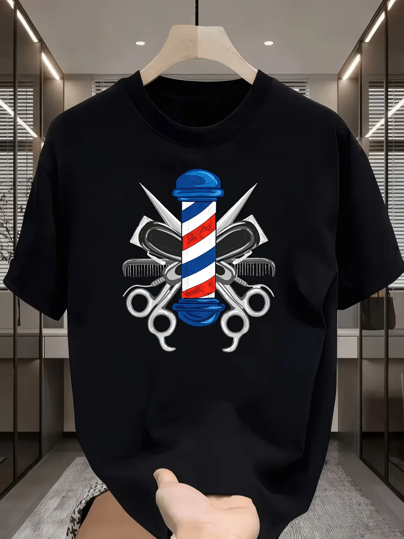 Men' Barber TShirt Barber Pole Scissors Print Suitable for Barbers Day Gift Pure Short Sleeve Round Neck Casual Shirt with Barber Tools Machine Washable for Hairdressers Barbershop