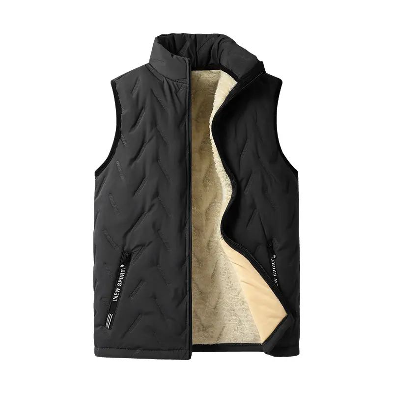 Men's Autumn/Winter Warm Fleece-Lined Wool Vest Regular Fit Polyester Material with Zipper Closure Easy Care Casual Style Medium Beige & Black Gilet Crew Neck Outdoor Fun