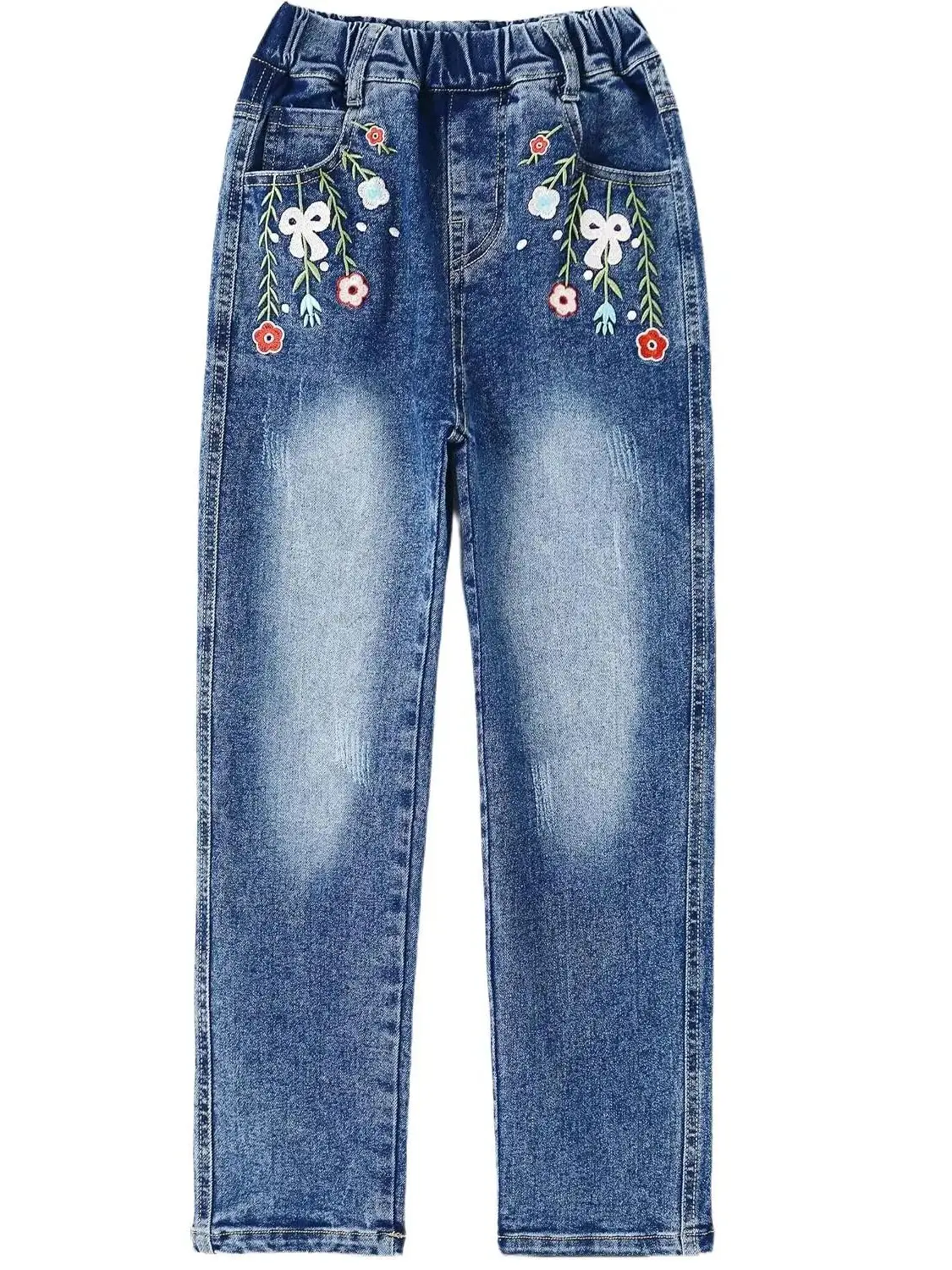 Kidscool Space Girls Embroidered Denim Jeans Floral Bow Pattern Ribbed Elastic Waist Pull On Washed Pants School Outfits for Kids 4-15T