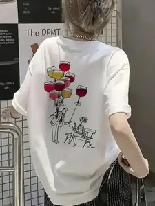 Women's "Wine Glass Balloons" French Romantic Graphic Oversized T-Shirt, Wine Aesthetic Relaxed Fit Top, Soft Cotton Blend Breathable Vintage Illustration Shirt for Women, White