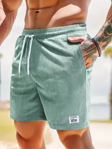 Men's, Menswear Regular Fit Mint Green Ribbed Texture Light Outdoor Casual Shorts - Elastic Drawstring Waist, Side Pockets, Soft Breathable Fabric, Relaxed Slouchy Fit, Ideal for Summer Park Strolls, Urban Café Hangouts, Casual Outdoor Meetup