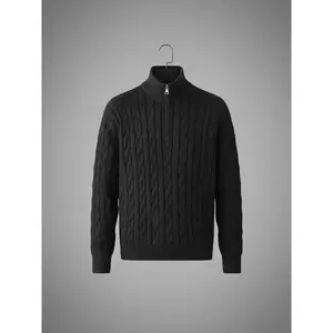 Men's Solid Zip-Up Cable Knit Sweater, Regular Fit Casual Long Sleeve Stand Collar Jumper for Fall & Winter, Men's Knitwear for Daily Wear