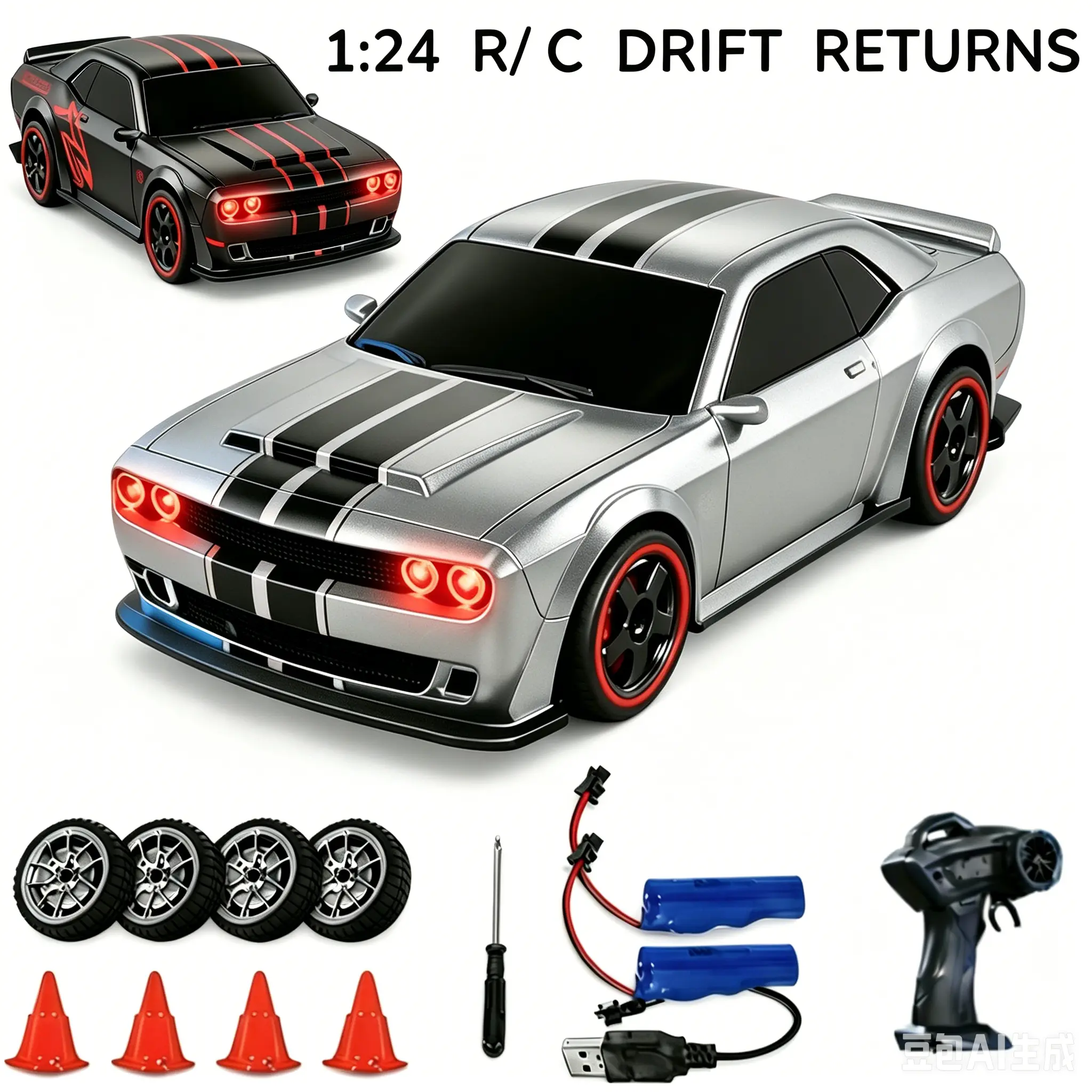 1:24 RC Cars - Remote Controlled Dodge Hellcat, 4WD High-Speed Drift Stunt Vehicle with LED Lights, Unisex Kids’ Indoor-Outdoor Racing Toy Gift, Decoration Cars, 4Wd Drifting Cars