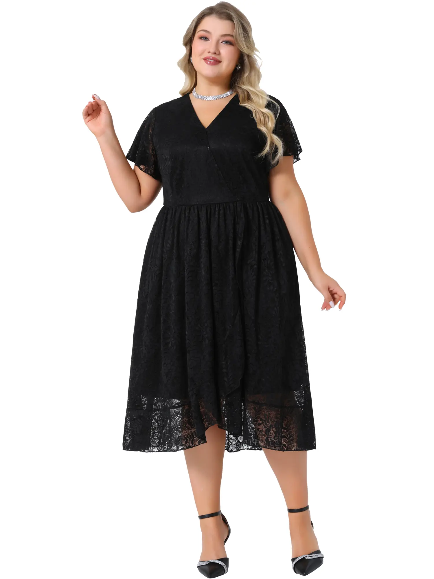 open lace back dress Plus-Size Black Wedding-Guest Dress with Cap Sleeves– PromGirl