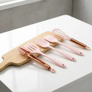 5-Piece Silicone Kitchen Utensil Set - Non-Stick Cooking Tools Including Spatula, Whisk, Baking Tool, Silicone Tongs, Slotted Spatula, Strainer, Frying Spoon, Scraper