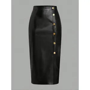 Autumn and winter women's single row deduction style PU leather skirt, casual and comfortable skirt, slim fit high waist, tight fitting, elastic waist, sexy A-line mid length skirtRAIMENTRY