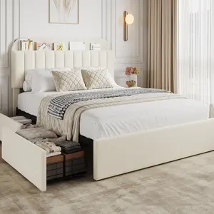 Modern Boucle Upholstered Platform Bed Frame with Storage Headboard, 2 Drawers, Easy Assembly, No Box Spring Needed, Bedroom Furniture