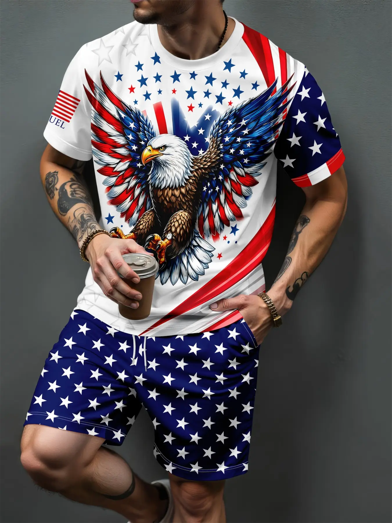Men's 2 Piece Summer Menswear Outfits White Blue Red American Eagle USA Flag Graphic Star Print Short Sleeve T‑Shirts Drawstring Casual Shorts Set