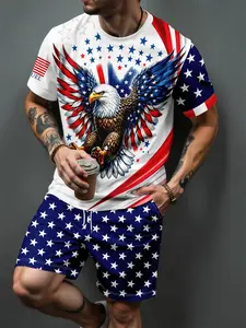 Men's 2 Piece Summer Outfits White Blue Red American Eagle USA Flag Star Print Short Sleeve T‑Shirts Drawstring Casual Shorts Set