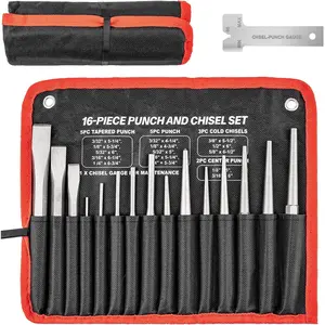 16 count Punch and Chisel Set, Including Taper Punch, Center Punch, Pin Punch, Cold Chisels and Chisel Gauge for Mechanic and Metalworking