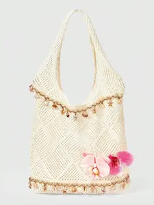 Fashionable Vacation Style Floral Starfish Shell Trim Knit Bag, Includes Matching Accessories, Casual Lady Shoulder Bag, Perfect for Leisure Use