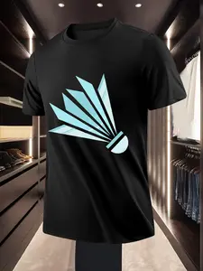 Simple Fashion Badminton Pattern Printed Crew Neck Short Sleeve T Shirt for Daily Casual Sports and Trendy Wear