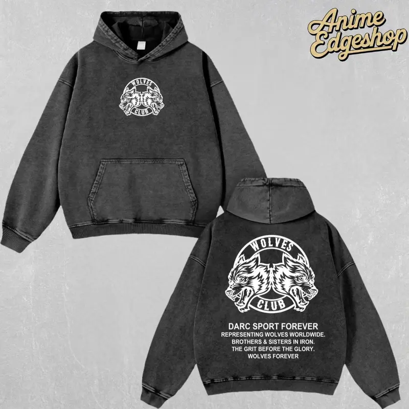 Wolves Club Darc Sport Washed Hoodie & T-Shirt | Heavyweight Vintage Streetwear, Retro Wolf Gym Graphic Tee, Brotherhood Iron Family Gift for Fitness & Hiphop Fans Menswear Thick Tops