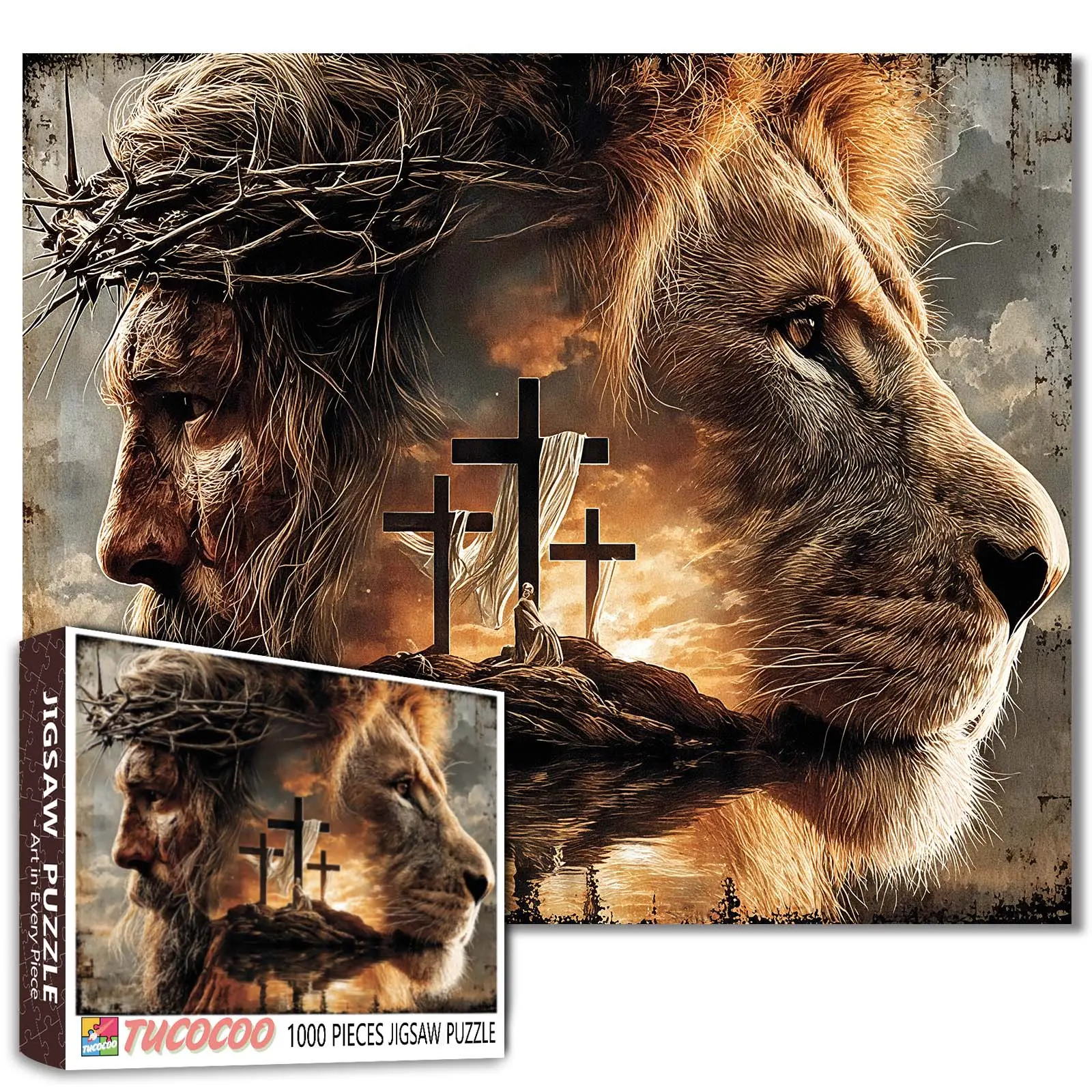 Tucocoo Christian Lion Cross 1000 Pieces Jigsaw Puzzle Faith Inspired Religious Art for Adults, Jesus Crown of Thorns, Family Game, Brain Challenge, Stress Relief, Inspirational Wall Decor Gift, 27.5x20inch(70x50cm)