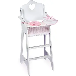 Basket Doll High Chair with Feeding Tray, Bib, Personalization Kit, and Accessories  Fits 18Inch Dolls, White with Pink Gingham Seat for Pretend Play