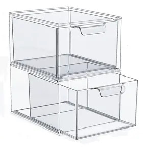 2 Pack Large Stackable Storage Drawers,Easily Assemble Acrylic Bathroom Closet Undersink Organizers and Storage,Acrylic Bins for Kitchen Cabinets,Pantry,Makeup,Medicine Organization, Clear Storage Box