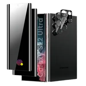 2+2 Privacy Screen Protector for Samsung Galaxy S22 Ultra 5g/S23 Ultra 5G, 9h Anti-Spy Tempered Glass, 3D Full Coverage Lens Film, Supports Fingerprint Unlock, Protective Shockproof and Explosion-Proof, Phone Screen Protectors, Protection