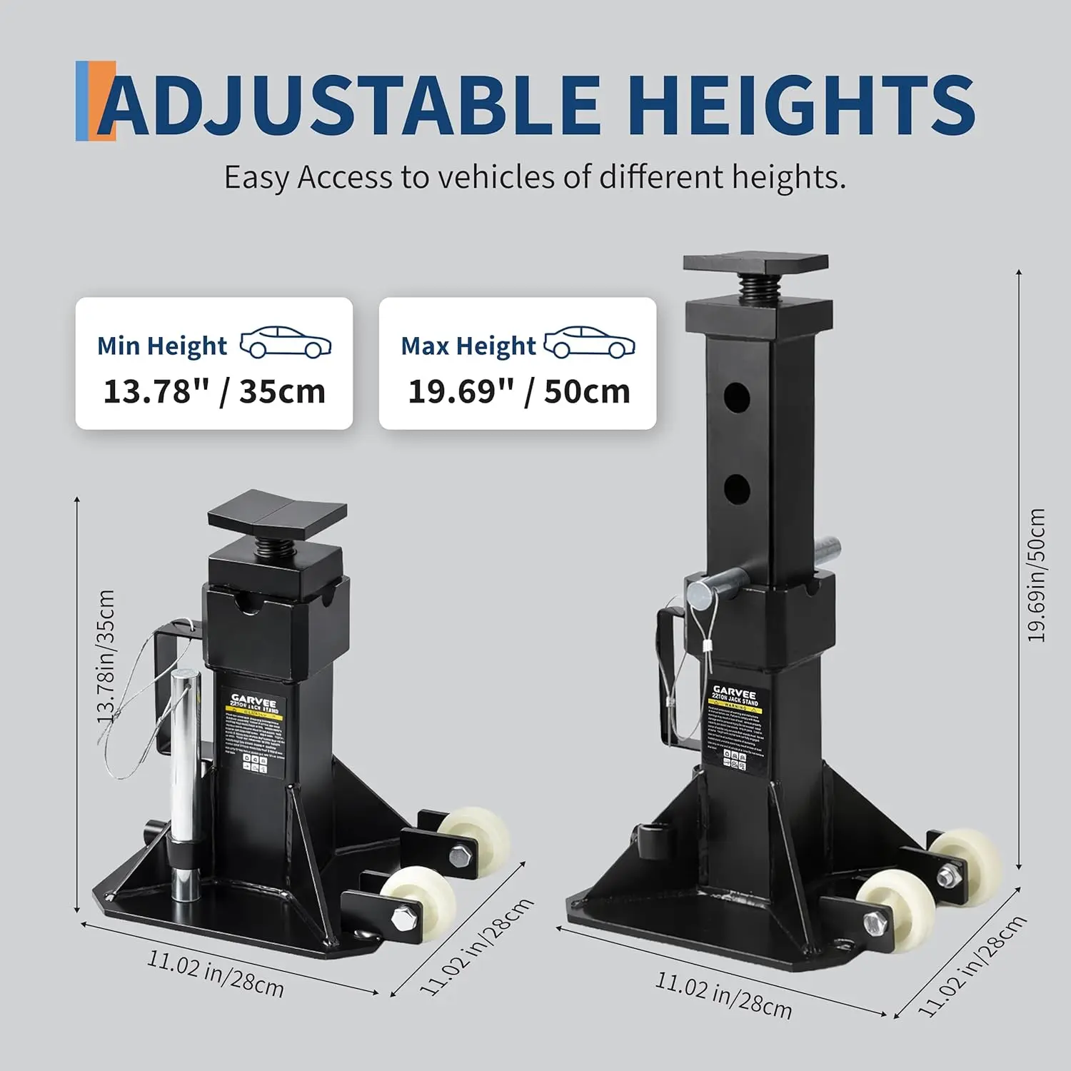 Gaomon 1 Pair 22-Ton Steel Pin-Type Car Jack Stands, Heavy Duty Ratcheting Self-Locking Auto Repair Tools with 2 Caster Wheels, Wide Base Safety Design, Side Handle Carry, Rust-Resist Spray, 13.8"-19.7" Height Adjust for Trucks/SUVs, Vehicle Lifting