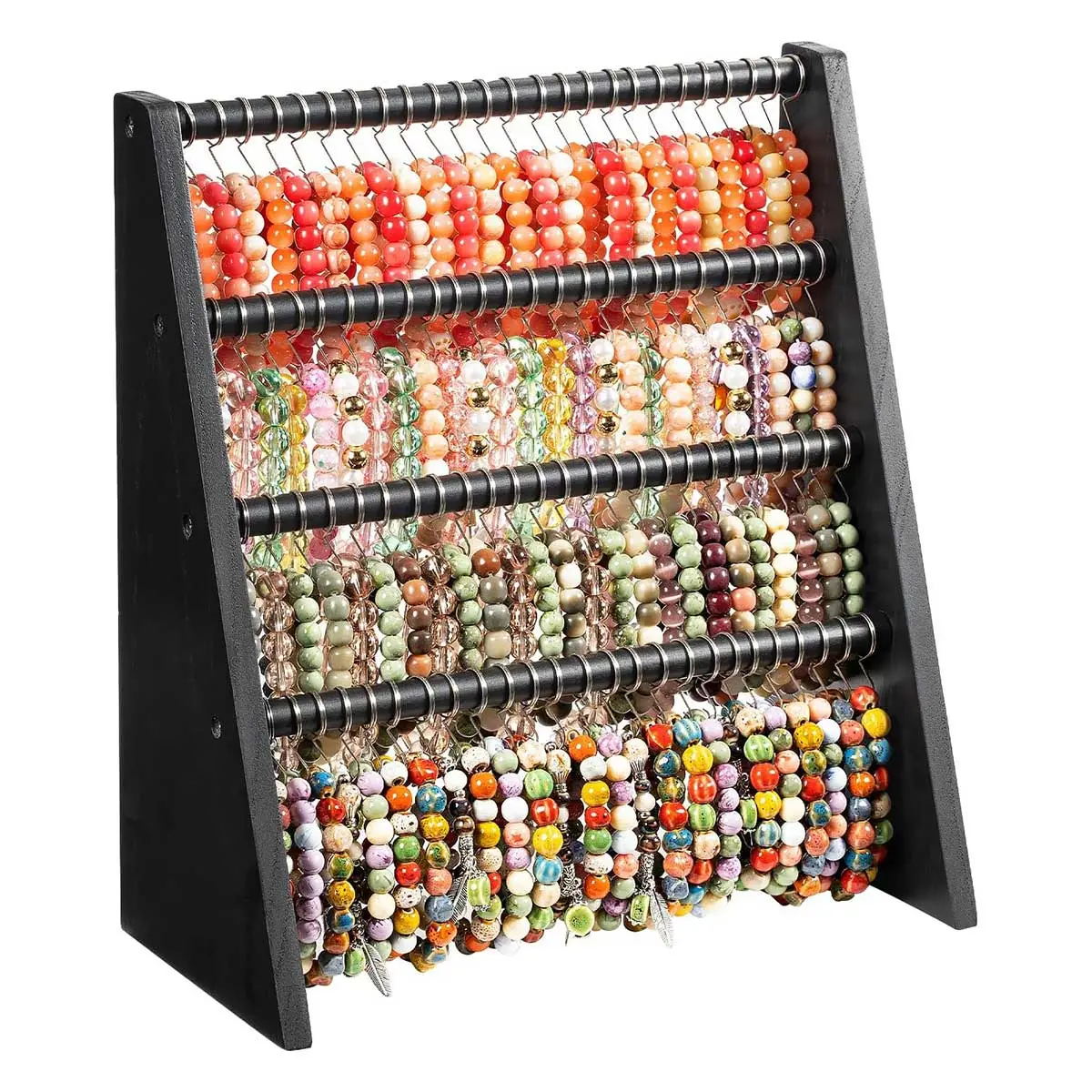 Emfogo Rectangular Vintage Home Decor Wooden Bracelet Stand - 75-Hook 3-Tier Pre-Installs Jewelry Organizer for Lightweight Items, Bangles, Keychains, Craft Shows, Black