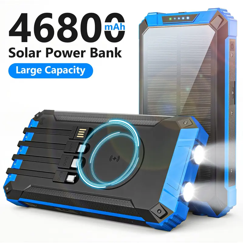 Portable Power Bank, 46800mAh 6-Output Durable Smart Solar & USB-Rechargeable, Wireless Charging, Dual Lights, Type-C Port, 4 Built-in Cables, Plug, Button, 5V USB-A, Micro Compatibility, Lithium Battery Emergency Accessory for Digital Devices