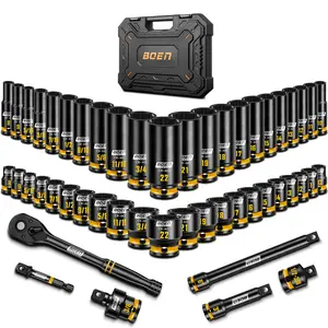 boen 3/8'' Drive Impact Socket Set, 50PCS Standard SAE (5/16 to 3/4 inch) and Metric (8mm-22mm), Deep & Shallow Size, 6-Point with Yellow Embossed Marking, CR-MO