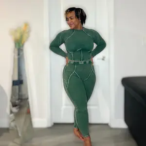 Hunter Green Mineral Washed Mock  Neck Long Sleeve Two Piece Set