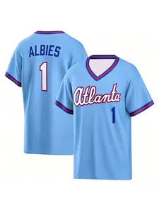 Atlanta Murphy 3 Light Blue V‑Neck Baseball Jersey, Breathable Quick Dry Retro Sports Tee with Cursive "Atlanta" Lettering & "MURPHY 3" Print, for Atlanta Baseball Fans, Sports Collectors & Streetwear Enthusiasts