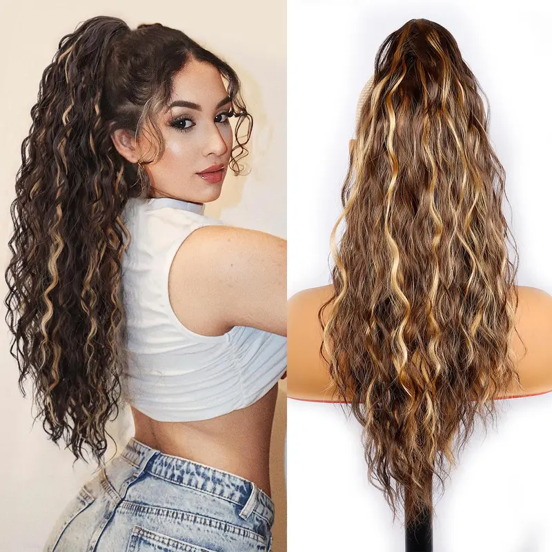 Women's 18in Curly Wavy Clip-On Ponytail Extension - Synthetic Claw-Clasp Piece, Frizz-Resistant, Lightweight, Fluffy Natural Look, Brown with Blonde Highlights, for Party & Cosplay, Hair Extensions Clip In, Synthetic Hair Pieces, Ponytail Hairstyles