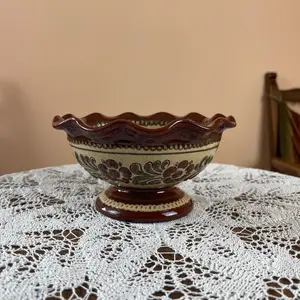 Vintage German Art Pottery Bowl – Earthy Brown & Beige Floral Ceramic Dish