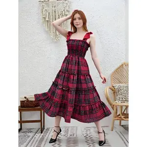Women's Red Plaid Maxi Dress Sleeveless Adjustable Tie Straps Tiered Summer Dress Casual Beach Dress Perfect For Date Night Party And Daily Wear Lightweight Comfortable Fabric