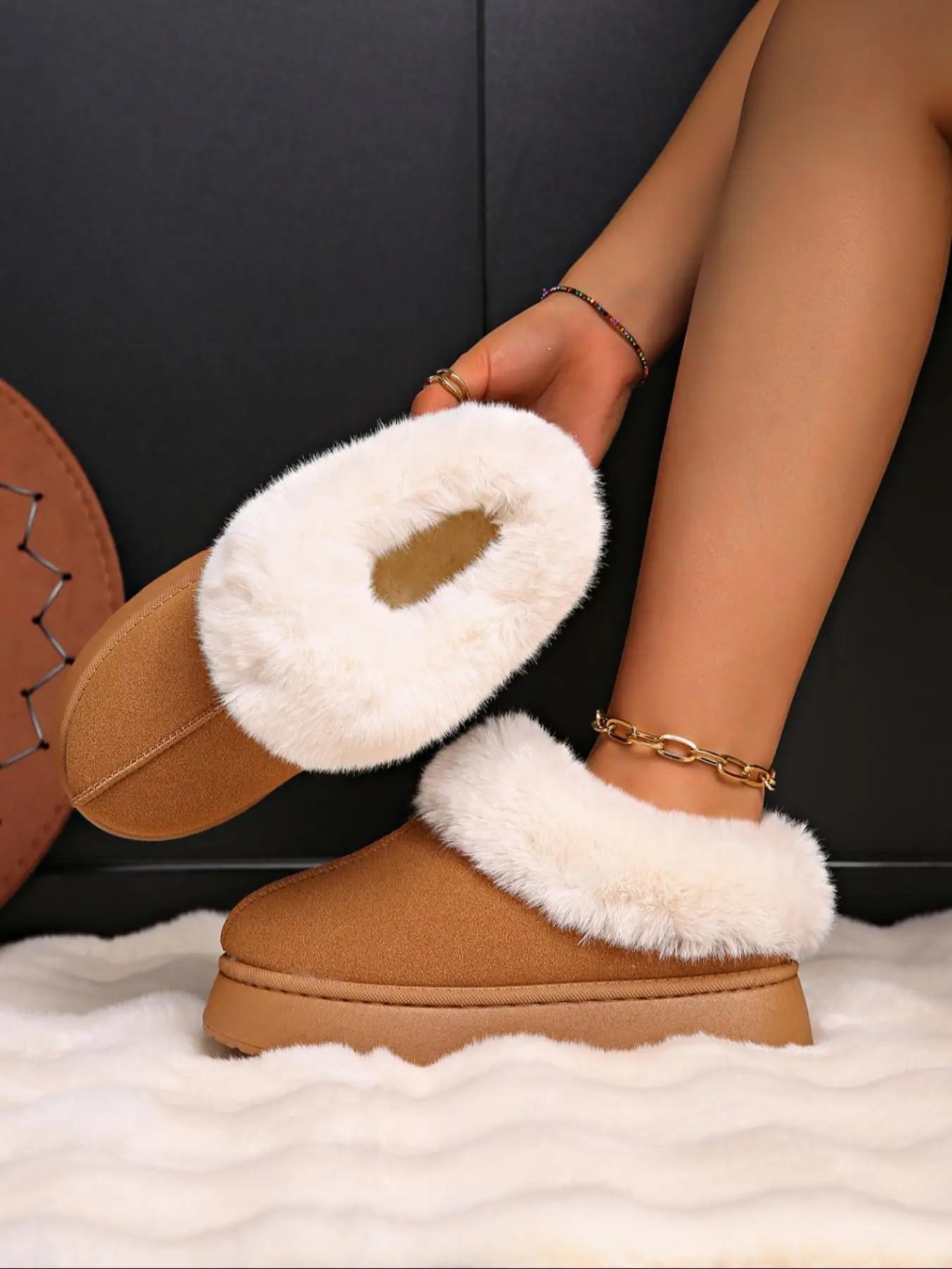 Women's Solid Color Fluffy Plush Slippers, Casual Comfortable Thick Sole Slippers for Indoor & Outdoor Wear, Fluffy Winter House Shoes for Women & Gir