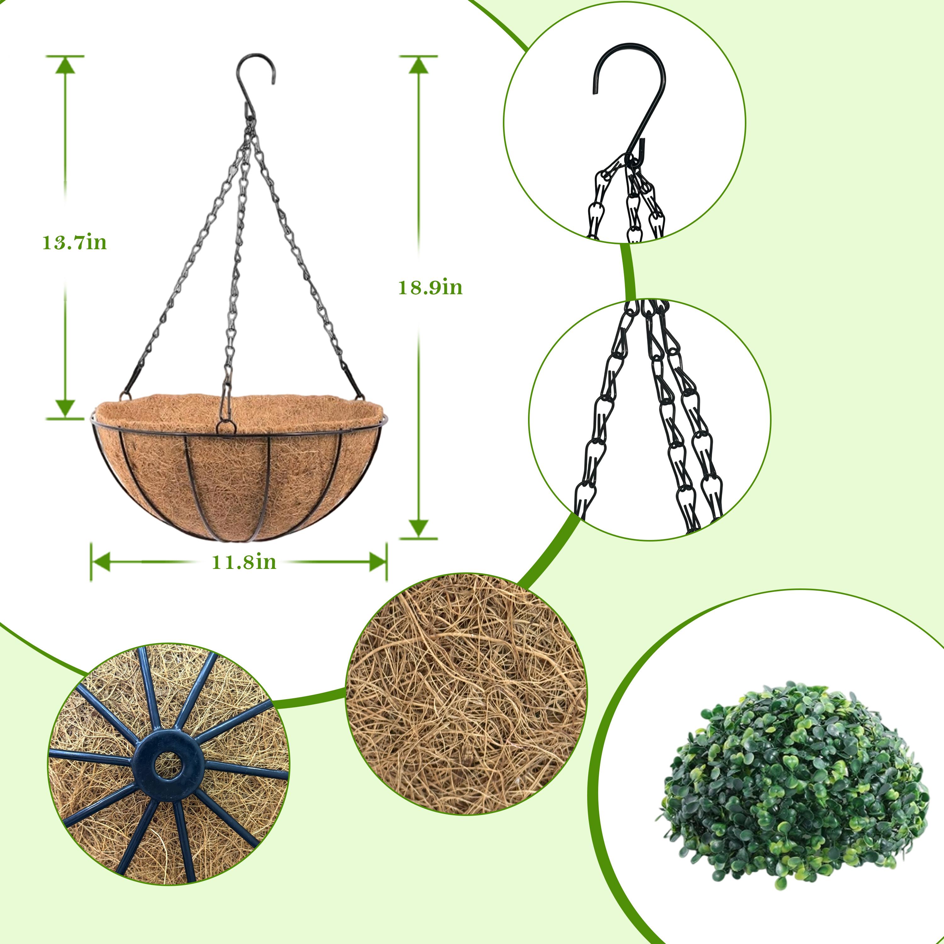 12-Inch Classic Coconut Coir Metal Hanging Planter Basket with Topiary Ball Set, Heavy Chain, Moisture Lock, for Outdoor/Indoor Porch Rail, Garden Decor 12-Inch Classic Coconut Coir Metal Hanging Planter Basket with Topiary Ball Set, Heavy Chain, Moisture Lock, for Outdoor/Indoor Porch Rail, Garden Decor