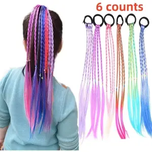 6-Count Colorful Braided Hair Ties, Mixed-Color Synthetic Faux Locs Hair Extensions with Rubber Bands, Heatless Styling Hairpiece for Women Girls Party Hair Decoration