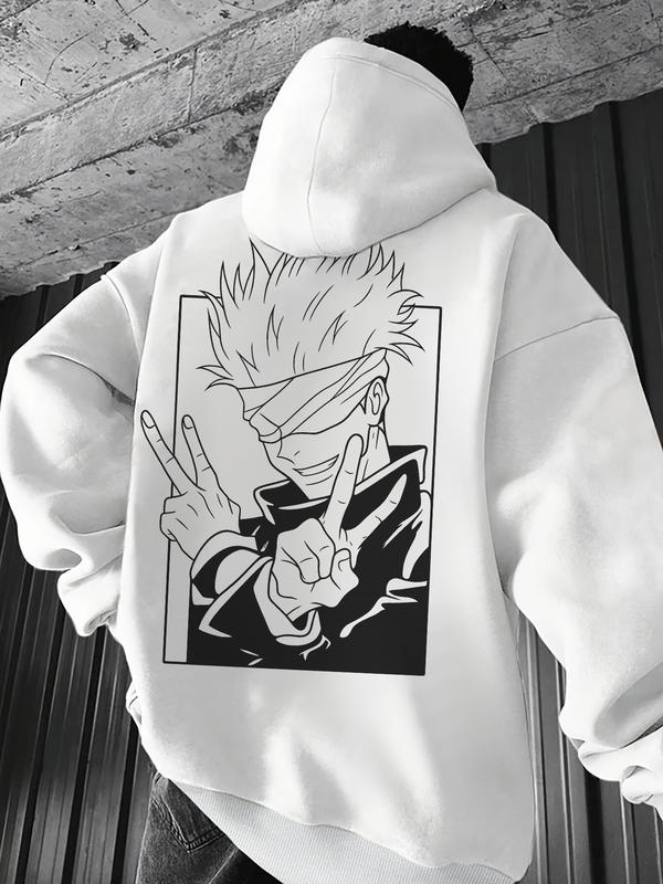 Men's White 'Jujutsu Kaisen Gojo Satoru Black & White Anime Graphic' Oversized Hoodie - Streetwear Anime Casual Pullover, Featuring Iconic Gojo Satoru from Jujutsu Kaisen with Bold Line Art Design, Ideal for Anime Enthusiasts, Graphic Print Hoodie