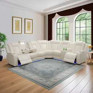 Off-white Breathing Leather 3-Piece Living Room Recliner Sofa Set with LED Lighting & Storage Console for Modern Elegance and Comfort Sectional Sofa Seater L Shaped Sofa