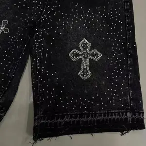 Streetwear New Black Denim Jorts Harajuku Cross Graphic Twinkle Rhinestone Shorts Mens Womens Gothic Raw Edge Basketball Shorts