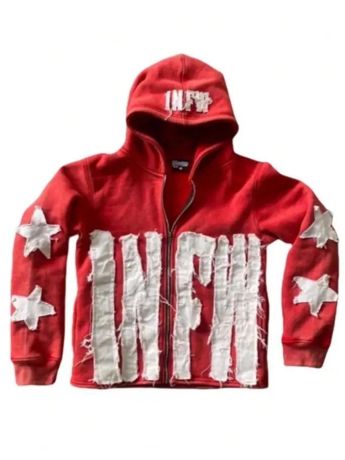 2026 Patchwork Hoodie Letter Star Print Pullover Casual Loose Fit Sweatshirt Red Color 100% Polyester Material