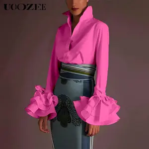 UOOZEE Womens Button Down Shirt solid color shirt with flared sleeves and bow decoration, women's shirt top with a lapel collar