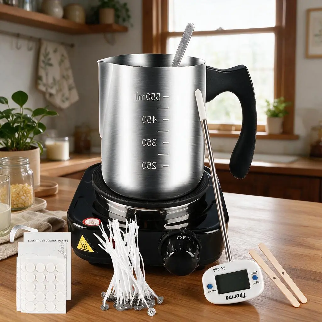 Dairy Wax Candle Making Kit, including electric heating stove, stainless steel wax pouring pot, digital thermometer, 2LB dairy wax, candle wick holder, stickers and spoons. Complete set of candle-making tools for beginners at home.